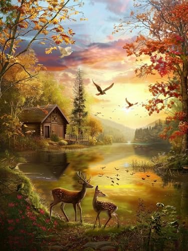 Diamond Painting Klein Set Reh 40x50cm, DIY Diamant Painting Bilder Kinder Erwachsene Landschaft, 5D Daiments Painting Basteln Erwachsene, Dimond Painting Cross Stickerei Malerei Kits Wand Dekor T-2 von Ciooyxee