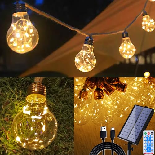 Circlio Solar Lichterkette Outdoor mit 20 Glühbirnen, 7.7m 2400 mAh Strom/Solar Lichterkette Außen mit Fernbedienung Timer, LED Solarlichterkette Wetterfest von Circlio