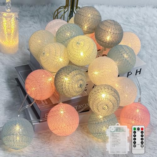 Ciskotu Baumwollkugeln Lichterkette Batteriebetrieben, 20 LED Dimmbar Cotton Ball Lichterkette mit Fernbedienung, LED Kugeln Lichterkette Innen für Kinderzimmer Weihnachten Hochzeit Party(Macaron) von Ciskotu