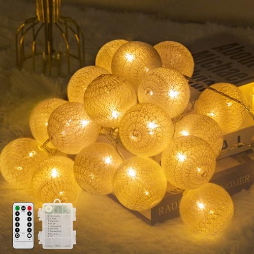 Ciskotu Baumwollkugeln Lichterkette Batteriebetrieben, 20 LED Dimmbar Cotton Ball Lichterkette mit Fernbedienung, LED Kugeln Lichterkette Innen für Kinderzimmer Weihnachten Hochzeit Party (Weiß) von Ciskotu