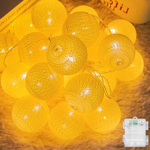 Ciskotu Lichterketten Inne Batterie, 3.8M Lichterkette Lampions 20 LED, Cotton Ball Lichterkette Kugeln für Kinderzimmer Weihnachten Party Garten Terrasse(Weiß) von Ciskotu