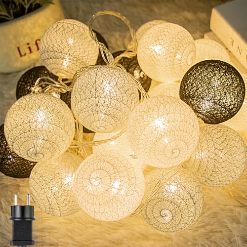 Ciskotu Lichterkette Innen, Baumwollkugeln Lichterkette Cotton Ball Lichterkette 20 LED Kugeln Lichterkette Innen mit Stecker für Kinderzimmer Schlafzimmer Weihnachten Hochzeit Party (Grau) von Ciskotu