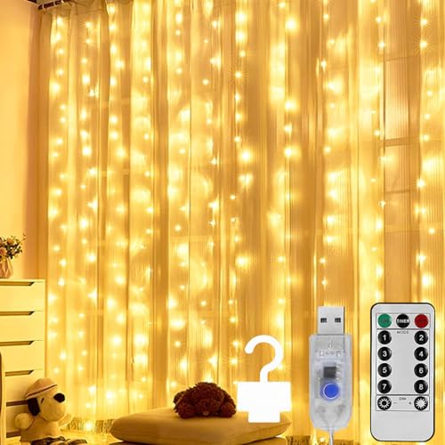 Ciskotu Lichtervorhang Warmweiß, 200LED Vorhang Lichterkette USB 8 Modi LED Lichterkette, LED Vorhang für Fenster, Schlafzimmer, Wand, Weihnachten Party Innen und Außen Deko von Ciskotu