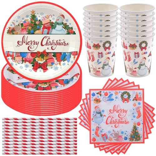 Cisolen 48 Stück Weihnachten Partygeschirr Wiederverwendbar Weihnachten Party Geschirr Papier Geschirr Set Pappteller Teller Pappbecher Servietten zum Weihnachten Party Zubehör Deko Set von Cisolen