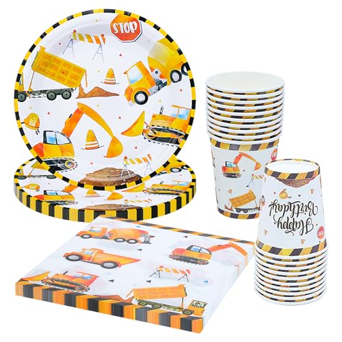 Cisolen 60 Stück Bagger Baustelle Partygeschirr Kindergeburtstag Bagger Geburtstag Party Geschirr Bau Bagger Pappteller Party Supplies für Kinder Thema Geburtstag Party Dusche Dekoration von Cisolen