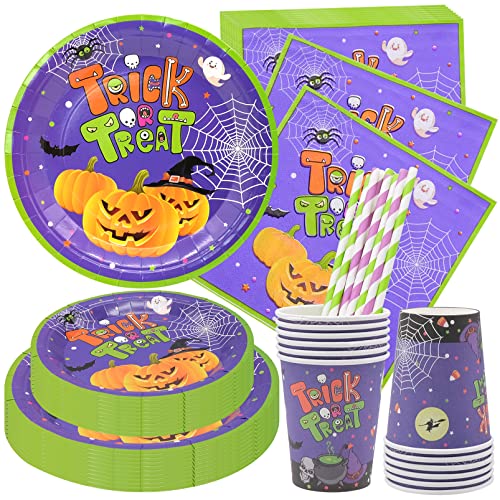 Cisolen 60 Stück Halloween Partygeschirr Wiederverwendbar Papier Geschirr Set Halloween Pappteller Halloween Becher Servietten Tischdecke Kindergeburtstag Party Geburtstag Geschirr Tischdeko (Lila) von Cisolen