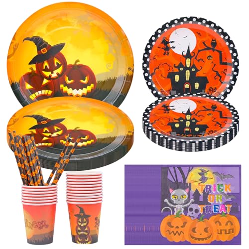 Cisolen 80 Stück Halloween Partygeschirr Wiederverwendbar Papier Geschirr Set Halloween Pappteller Halloween Becher Servietten Tischdecke Kindergeburtstag Party Geburtstag Geschirr Tischdeko (Orange) von Cisolen