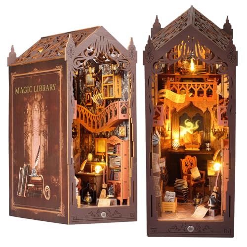 Cjeuxnr Book Nook Kit DIY Puppenhaus Miniatur-Kit, Bücherregal-Einsatz-Dekor, 3D-Holzpuzzle, Buchecke, Miniatur-Set, kreative Buchstützen (Magic Library) von Cjeuxnr