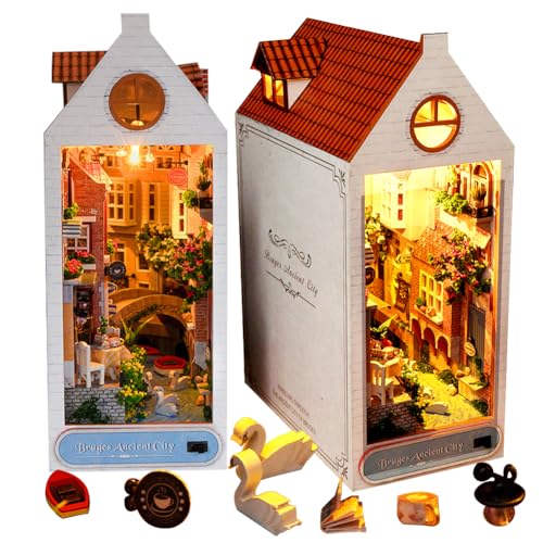 Cjeuxnr DIY Book Nook Kit Miniatur Altstadt Urlaub Buchstütze Bücherregal Dekor Modell 3D Holzpuzzle Buchecke mit Möbeln und LED-Licht für Erwachsene von Cjeuxnr