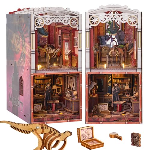 Cjeuxnr DIY Detektiv Buch Nook Kit Miniatur Haus Buchecke 3D Holzpuzzle Buchstütze Dekoratives Bücherregal Winziges Wohnmodell mit LED-Licht für Wohnkultur von Cjeuxnr