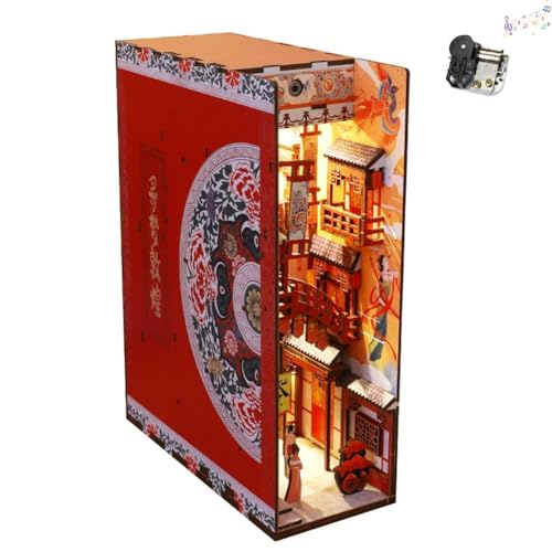 Cjeuxnr Miniatur Buch Nook Kit, 3D Holzpuzzle Buchecke, DIY Manueller Buchständer für Bücherregal-Einsatz, Dekor mit LED-Licht und kleinem Musikwerk (Dunhuang Restaurant) von Cjeuxnr