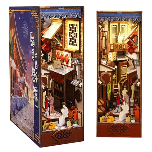 Cjeuxnr Miniatur Buch Nook Kit, 3D Holzpuzzle Buchecke, DIY Manueller Buchständer für Bücherregal-Einsatz, Dekor mit LED-Licht und kleinem Musikwerk (Weingasse) von Cjeuxnr