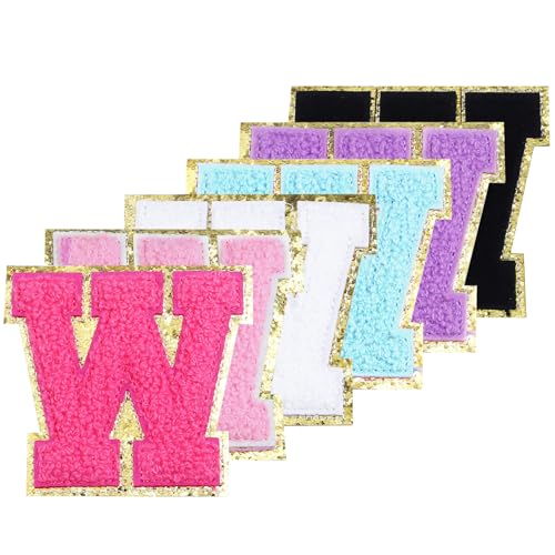 Chenille-Buchstaben-Flicken zum Aufbügeln, 7,9 cm, glitzernd, adrette Varsity-Buchstaben-Aufnäher für Kleidung und Hüte, Alphabet-Stoffaufnäher für Team-Kostüm-Dekoration (gemischte Farben, W), 6 von Ckysee