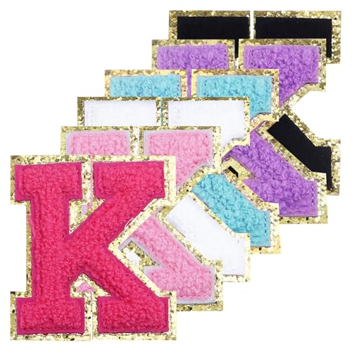 Chenille-Buchstaben-Flicken zum Aufbügeln, 7,9 cm, glitzernd, adrette Varsity-Buchstaben-Aufnäher für Kleidung und Hüte, Alphabet-Stoffaufnäher für Team-Kostüm-Dekoration (gemischte Farben, K), 6 von Ckysee