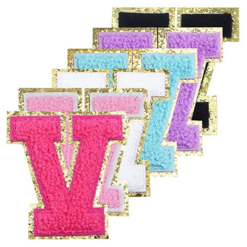 Chenille-Buchstaben-Flicken zum Aufbügeln, 7,9 cm, glitzernd, adrette Varsity-Buchstaben-Aufnäher für Kleidung und Hüte, Alphabet-Stoffaufnäher für Team-Kostüm-Dekoration (gemischte Farben, V) von Ckysee