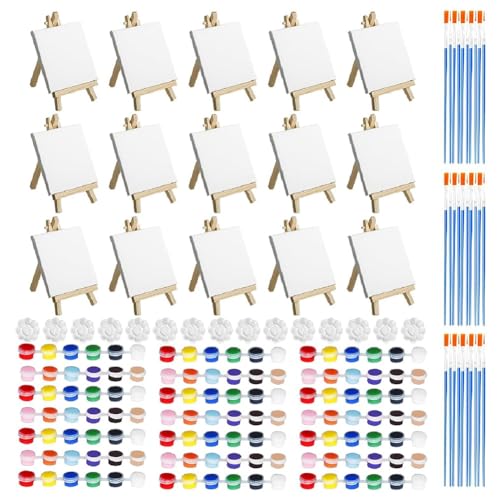 ClAZTyict Mini-Leinwand und Staffelei-Set, 10,2 x 10,2 cm, Mini-Leinwand und gespannte Staffelei + Acrylfarben + Pinsel + Paletten, einfache Installation, einfach zu bedienen, 15-teiliges Set von ClAZTyict