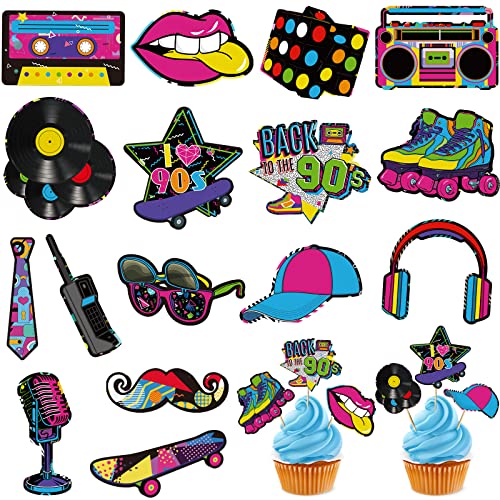 32 Stücke 90er Cupcake Topper 90er Thema Geburtstag Party Dekorationen für Erwachsene 90er Party Dekorationen Volles 1990er Party Zubehör DIY Dessert Cupcake Toppers Rollschuh Kuchen Topper von Clabby