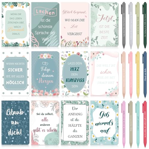 Clabby 12 Sets Dankeschön Geschenke für Kollegen 12 Inspirierende Notizbücher mit Blumenmuster 12 Mehrfarbige Motivierend Kugelschreiber Mini Taschennotizbuch 2 in 1 Stift für Abschied Lehrer Schüler von Clabby