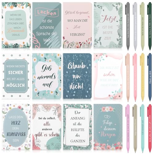 Clabby 12 Sets Dankeschön Geschenke für Kollegen 12 Inspirierende Notizbücher mit Blumenmuster 12 Mehrfarbige Motivierend Kugelschreiber Mini Taschennotizbuch 2 in 1 Stift für Abschied Lehrer Schüler von Clabby