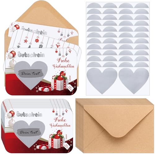 Clabby 12 Weihnachtsgutschein Rubbelkarte 12 Umschläge aus Kraftpapier 12 Rubbelaufkleber Gewinnendes Rubbellos Herzförmige Rubbelkarte Weihnachten Geburtstagsparty Zubehör Urlaubsaktivitäten von Clabby