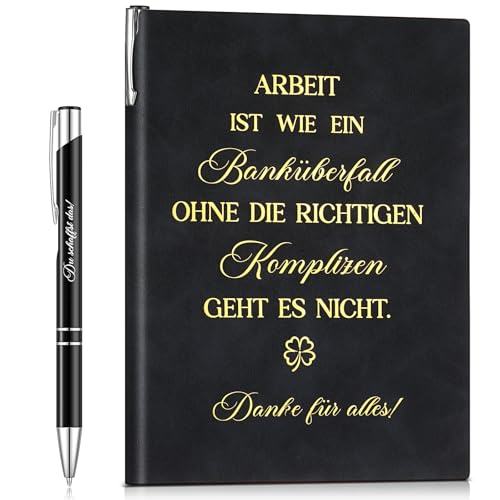 Clabby 2er Set Geschenk für Kollegen Notizbuch PU Leder Notizblock mit Spruch Arbeit Ist Wie Ein Banküberfall Motivierender Kugelschreiber Inspirierende Stift Dankesgeschenk für Mitarbeiter(Schwarz) von Clabby