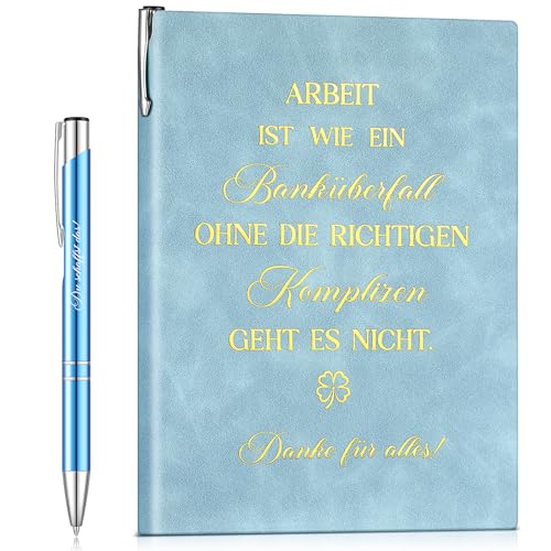 Clabby 2er Set Geschenk für Kollegen Notizbuch PU Leder Notizblock mit Spruch Arbeit Ist Wie Ein Banküberfall Motivierender Kugelschreiber Inspirierende Stift Dankesgeschenk für Mitarbeiter(Hellblau) von Clabby