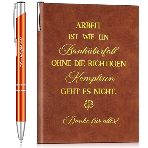 Clabby 2er Set Geschenk für Kollegen Notizbuch PU Leder Notizblock mit Spruch Arbeit Ist Wie Ein Banküberfall Motivierender Kugelschreiber Inspirierende Stift Dankesgeschenk für Mitarbeiter(Orange) von Clabby