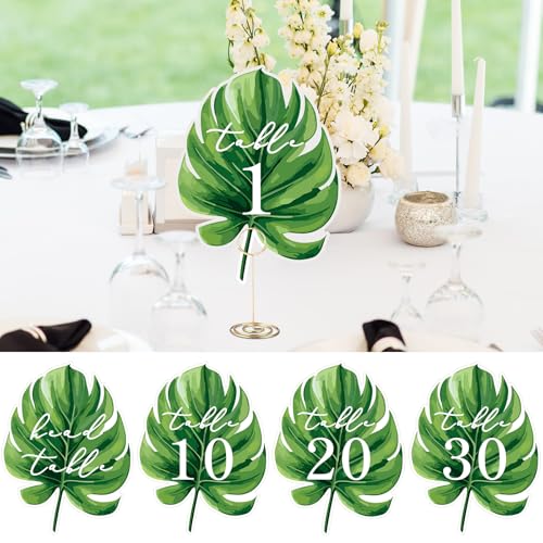 Clabby Hochzeitstischnummern 1–30, doppelseitige Palmblätter, Tischnummer mit Kopf, Tischkarte für Hochzeit, Empfang, Tafelaufsätze, Brautparty, Babyparty, Hawaii, Luau-Party, Geburtstagsdekoration von Clabby