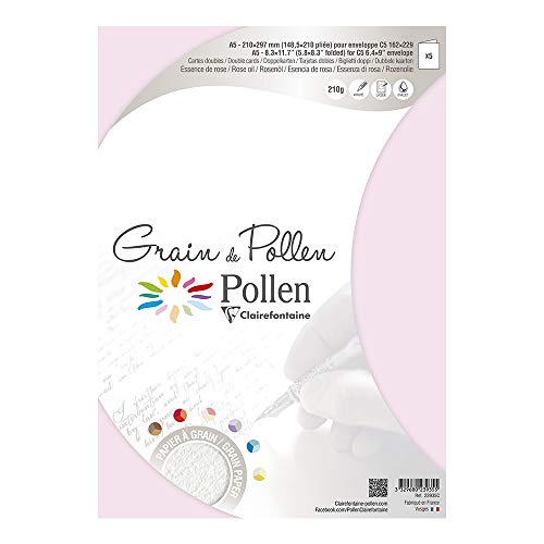 Clairefontaine 23935C - Packung mit 5 Doppelkarten Pollen 14,85 x 21 cm, 210g, ideal für Ihre Einladungen und Korrespondenz, mit feiner Körnung, Rosa, 1 Pack von Clairefontaine