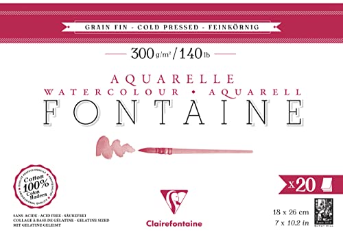 Clairefontaine 975449C - Aquarellblock Fontaine feinkörnig, 20 Blatt, 18x26cm, 300g, geleimt, ideal für Nasstechniken, 1 Block von Clairefontaine