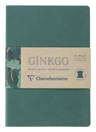 Clairefontaine 115948C - Set mit 2 Notizbüchern Ginkgo, mit Fadenbindung, A5 14,8x21 cm, 32 Blatt liniert 90g, 1 Notizbuch mit Ledereinband + 1 Notizbuch mit bedrucktem Karteneinband, sortiert, 1 Set von Clairefontaine