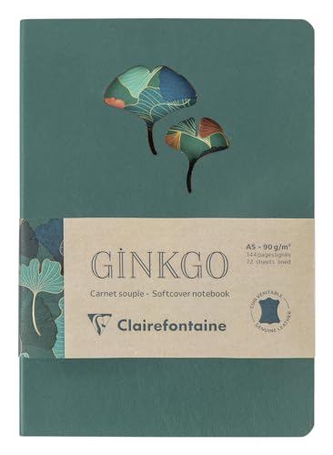 Clairefontaine 115949C - Notizbuch Ginkgo, aus Leder, DIN A5 14,8x21 cm, 72 Blatt liniert 90g, farbig sortiert, 1 Stück von Clairefontaine