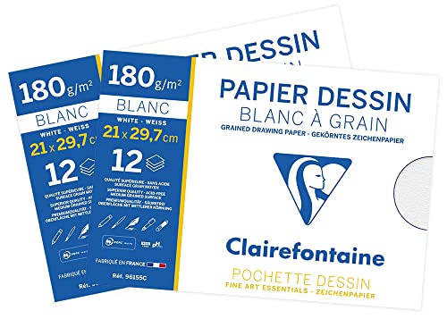 Clairefontaine 196155AMZC Set mit 2 Packungen Zeichenpapier 180g, insgesamt 30 Blatt, DIN A4, ideal für technische Zeichnen1 Set, Weiß von Clairefontaine