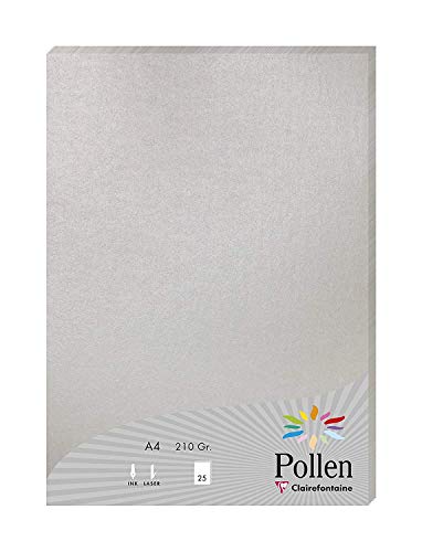 Clairefontaine 24389C Packung mit 25 Blatt Pollen, DIN A4, 210 x 297 mm, 210g, Perlmutt Silber von Clairefontaine