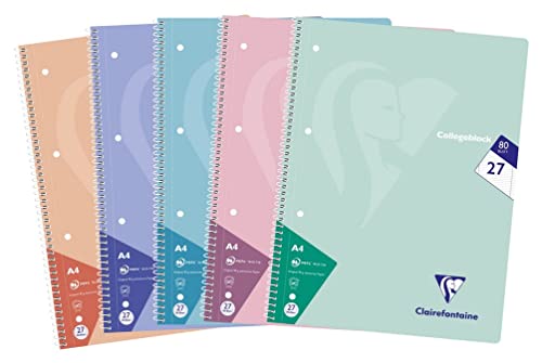 Clairefontaine 306227C - Packung mit 5 Heften / Collegeblöcken, DIN A4, 80 Blatt 90g liniert mit Doppelrand, Lineatur Nr. 27, Pastellfarben sortiert, 1 Pack von Clairefontaine