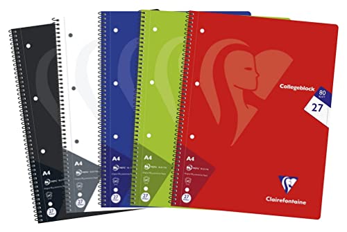 Clairefontaine 307227C - Packung mit 5 Heften / Collegeblöcken, DIN A4, 80 Blatt 90g liniert mit Doppelrand, Lineatur Nr. 27, Farben sortiert, 1 Pack von Clairefontaine