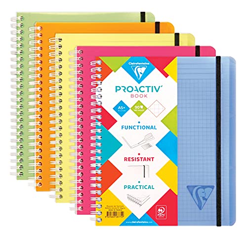 Clairefontaine 328775C - Heft Proactiv'Book DIN A5+ 16x21 cm, 90 Blatt, kariert mit Rand und Kopfleiste, abtrennbar, Einband aus PP, Gummizugverschluß, farbig sortiert, 1 Stück von Clairefontaine