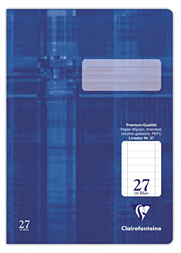 Clairefontaine 331027C - Packung mit 25 Heften, ideal für die Schule, DIN A4, Lineatur 27 durchgehend liniert mit Rand, 16 Blatt, 90g , Blau, 1 Pack von Clairefontaine