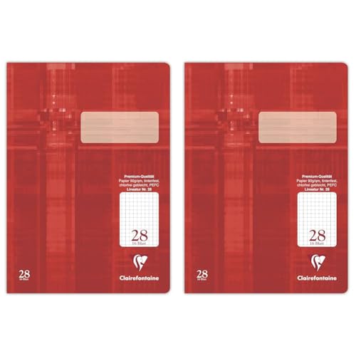 Clairefontaine 331028C - Heft ideal für die Schule, DIN A4, 16 Blatt, 90g, Lineatur 28 durchgehend kariert 5x5mm mit Rand, Rot, 1 Stück (Packung mit 2) von Clairefontaine