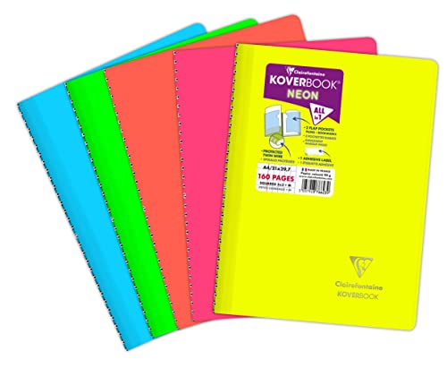 Clairefontaine 376623C - Spiralheft Koverbook NEON Umschlag aus PP blickdicht DIN A4, 21x29,7cm 80 Blatt, kariert mit Rand, 1 Stück, farbig sortiert in Neonfarben von Clairefontaine