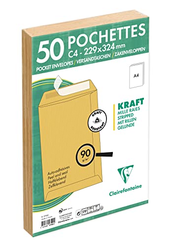 Clairefontaine 5750C - Packung mit 50 Versandtaschen mit Rillen Kraftbraun C4-229x324 mm, selbstklebend, 90g, 1 Pack von Clairefontaine