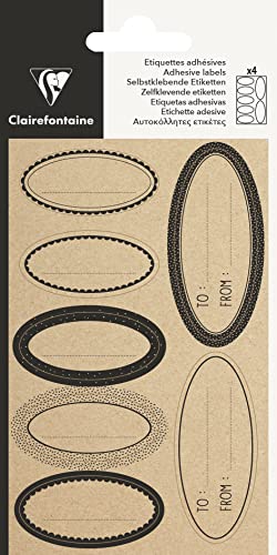 Clairefontaine 617067C - Set mit 28 Etiketten Kraftnatur selbstklebend, ideal für Geschenke, 1 Set, viereckig Schwarz, Oval Schwarz von Clairefontaine