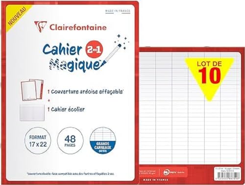 Clairefontaine 66751Cpack 10 magische Notizbücher, geheftet, 17 x 22 cm, 48 Seiten, große Karos, weißes Papier, 90 g, zweiseitig, trocken abwischbar von Clairefontaine