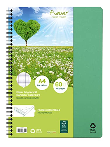 Clairefontaine 68401C - Heft mit Spiralbindung Forever, 100% Recycling Papier, DIN A4, 21 x 29,7 cm, 60 Blatt, französische Lineatur, abtrennbar, 90g, Grün, 1 Stück von Clairefontaine