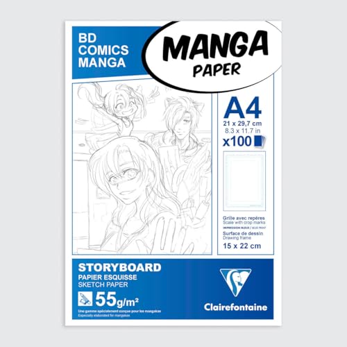 Clairefontaine 94037C Manga Block Storyboard (ideal für Zeichen von Manga und Multitechniken, DIN A4, 21 x 29,7 cm, 100 Blatt, 55 g, mit einfachem Raster) weiß von Clairefontaine