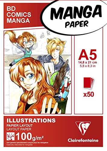 Clairefontaine 94041C Layoutblock (für Manga Comics, ideal für Illustrationen und Multitechniken, DIN A5, 14,8 x 21 cm, 50 Blatt, 100 g, geeignet für Filzmarker mit Alkohol) weiß von Clairefontaine