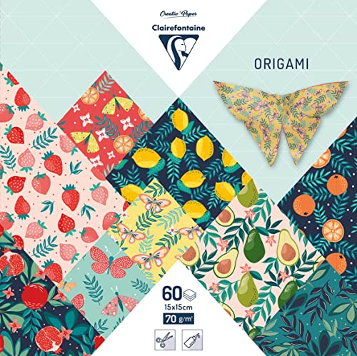 Clairefontaine 95357C – 60 Blatt Origami-Papier, 70 g/m², Format 15 x 15 cm, 30 verschiedene bunte Motive (2 Blatt pro Motiv), kreative Hobbys für Erwachsene und Kinder, Kollektion fruchtiger Garten von Clairefontaine