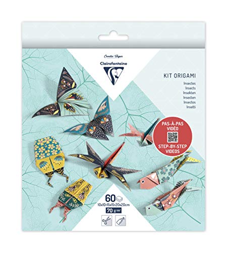 Clairefontaine 95366C - Packung Origami Papier mit 60 Blatt, beidseitig bedruckt, 3 Formate, 10x10 cm, 15x15 cm, 20x20 cm, 70g, Insekten, 1 Pack von Clairefontaine