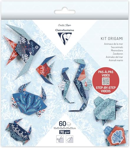 Clairefontaine 95367C - Packung Origami Papier mit 60 Blatt, beidseitig bedruckt, 3 Formate, 10x10 cm, 15x15 cm, 20x20 cm, 70g, Meerestiere, 1 Pack von Clairefontaine