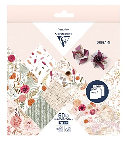 Clairefontaine 95371C - Packung mit 60 Blatt Origami, 70g, 3 Formate (10x10cm, 15x15cm, 20x20cm), Trockenblumen, 1 Pack von Clairefontaine